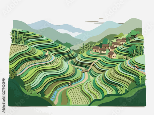 Artistic paper cut of lush green terraced rice fields in a valley with a small village and mountains in the background