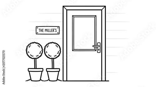 Simple cartoon line art illustration of a residential front door with a nameplate and two potted plants in black and white