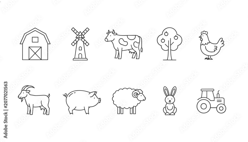 Obraz premium Comprehensive collection of ten black line farm icons including domestic animals, a tractor, a barn, and a windmill.