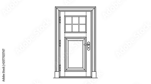 Architectural line drawing of a classic wooden door with window panes and doorknob, outline vector graphic illustration.