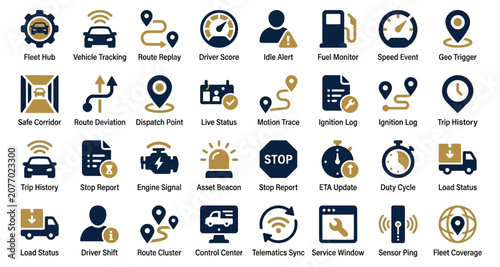 Vehicle Tracking Icons Set with Route Replay, Driver Alerts, Fuel Monitoring, and Gps Geotriggers in Vector Style