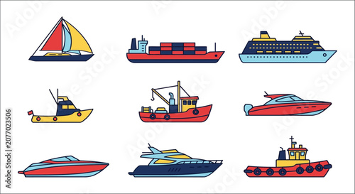 Obraz na plátne Assorted boats and ships colorful vector illustration on a white background vess