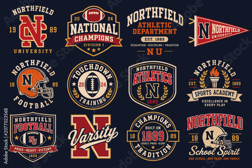 A collection of vintage-style American football and university sports logos and emblems, featuring various designs with 'Northfield' branding, helmets, footballs, and championship themes.