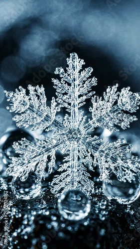 Intricate ice crystal snowflake formation macro.
