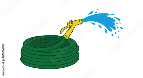Tablou pe pânză Coiled garden hose with yellow nozzle spraying water colorful vector illustratio