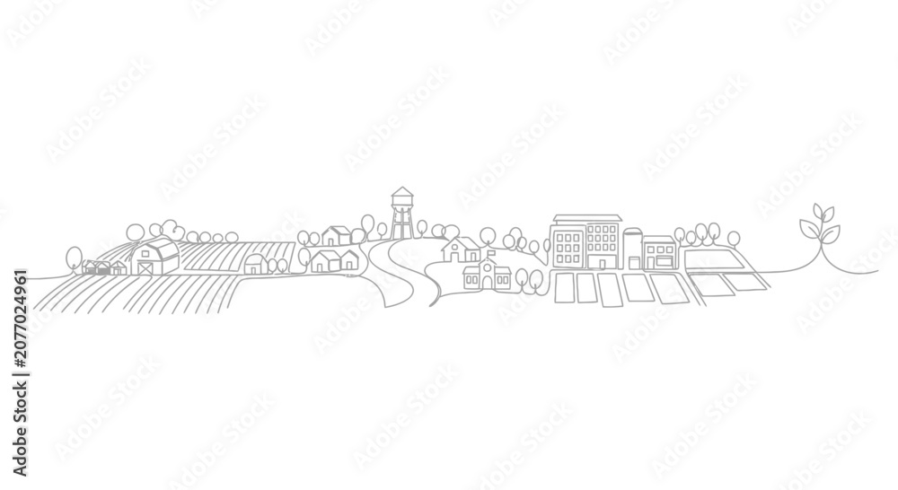 Fototapeta premium Minimalist farm landscape with houses, barn, water tower, and growing plant line art