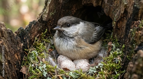 A black-capped chickadee incubating tiny white eggs dotted with fine reddish-brown speckles inside a moss-lined tree cavity