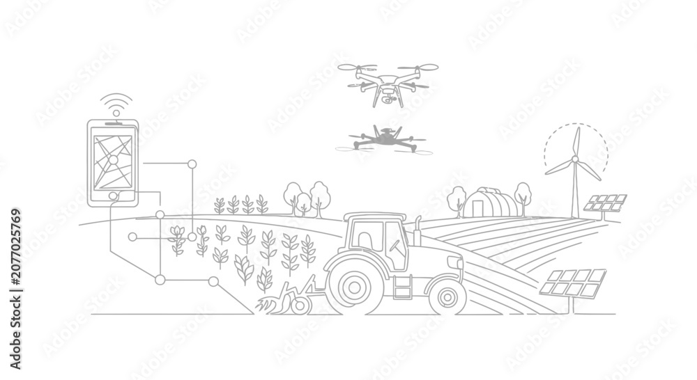 Obraz premium Smart Farming Technology: Drone, Tractor, Smartphone & Wind Turbine in a Digital Agriculture Landscape