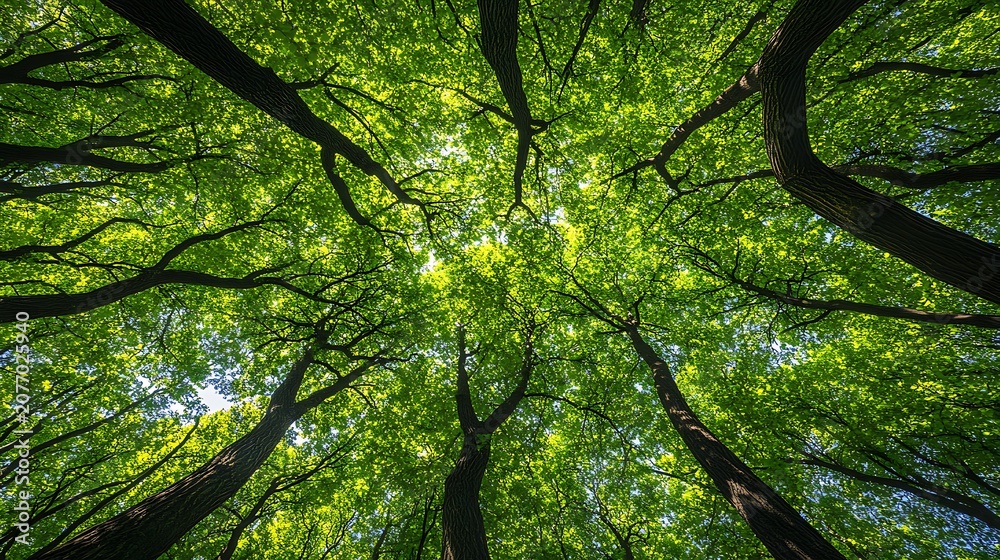 Fototapeta premium Overhead View of Towering Green Trees with Bright Sunlight Filtering Through Dense Forest Canopy