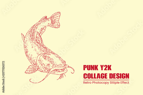 Stipple art illustration of a catfish, vintage punk y2k style graphic design element, retro photocopy texture, handdrawn dotwork fish drawing