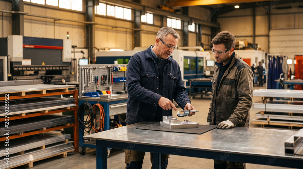 Fototapeta premium Two men measuring metal part in factory workshop