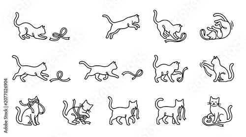 Playful Cat Line Art Collection: Kittens Interacting with Ribbon