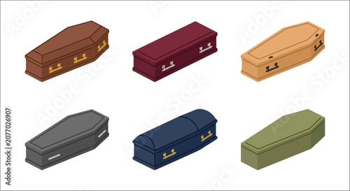 Foto Assorted Wooden Coffins Isometric Vector Illustration coffin casket caskets buri