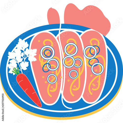 Flat vector illustration of sushi rolls on a plate with carrot and
