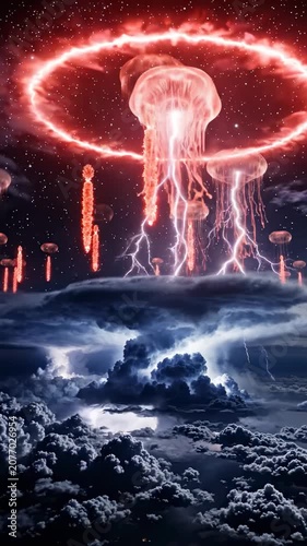 Apocalyptic scene with glowing red jellyfish-like creature and lightning storm.