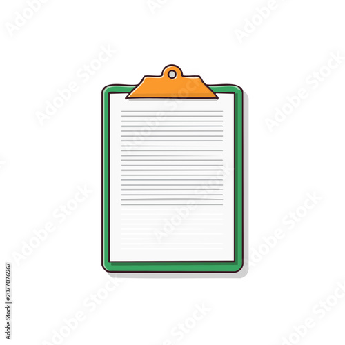Green clipboard with lined paper and orange clip