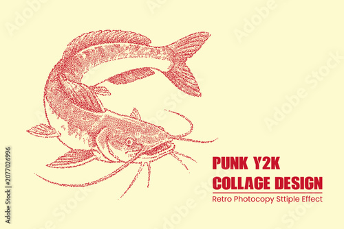 Stipple art illustration of a catfish, vintage retro photocopy style graphic design, red ink drawing on cream background, punk y2k aesthetic