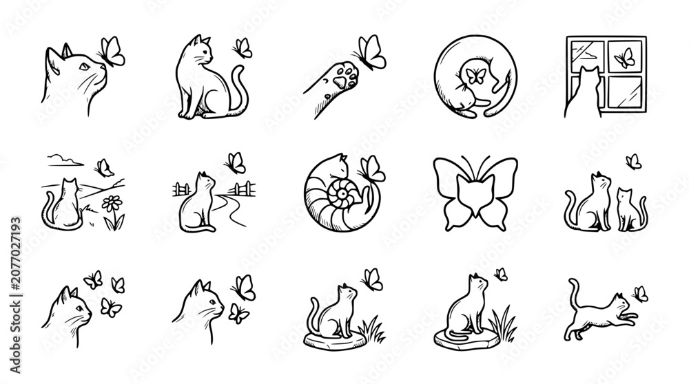Fototapeta premium Cute Cat and Butterfly Illustrations: A Whimsical Collection of Line Art Icons