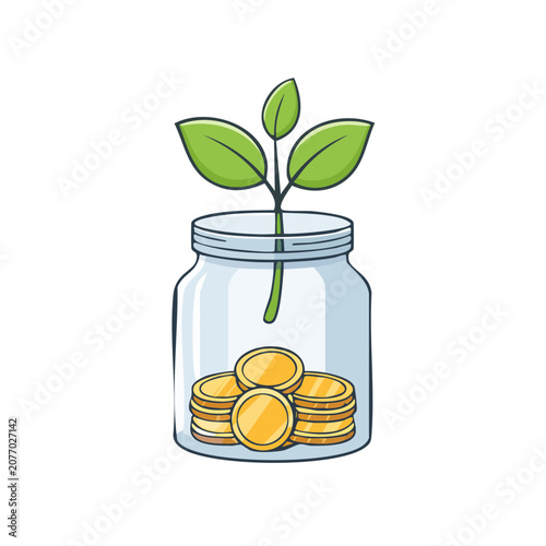 Money plant growing from coins in glass jar