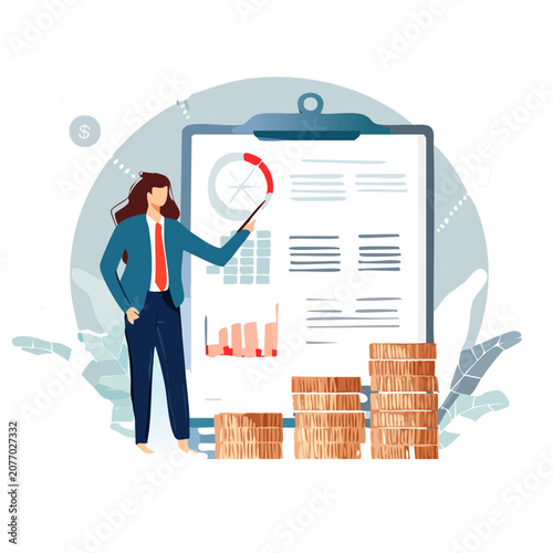 Businesswoman presenting data charts and graphs