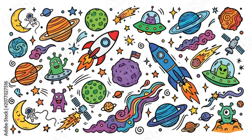 Whimsical cartoon space exploration with rockets, aliens, planets, and stars in a colorful cosmic adventure