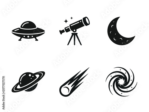 Collection of stylized black and white icons representing space exploration and celestial objects like a UFO
