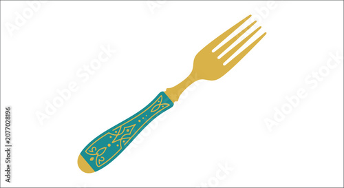 Photos Golden fork with teal and gold handle flat vector illustration on a white backgr