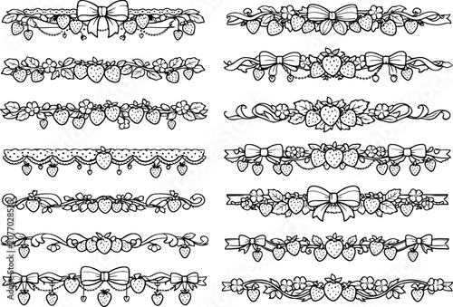 Bild auf Leinwand Cute Coquette Decorative Lace Borders with Satin Ribbon, Cherry and Strawberry V