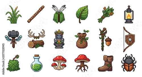 Bild auf Leinwand A collection of eighteen nature-themed fantasy pixel art icons featuring various plants, tools, magical items, and a beetle on a white background