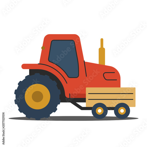 Red tractor with trailer flat vector illustration