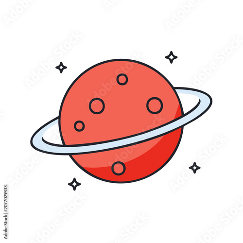 Red planet with ring and stars, flat vector illustration