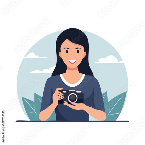 Woman holding camera in flat illustration style