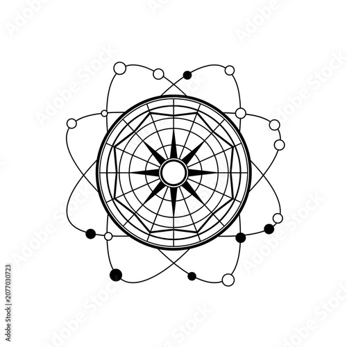 Mystical Compass Rose with Orbiting Planets and Stars