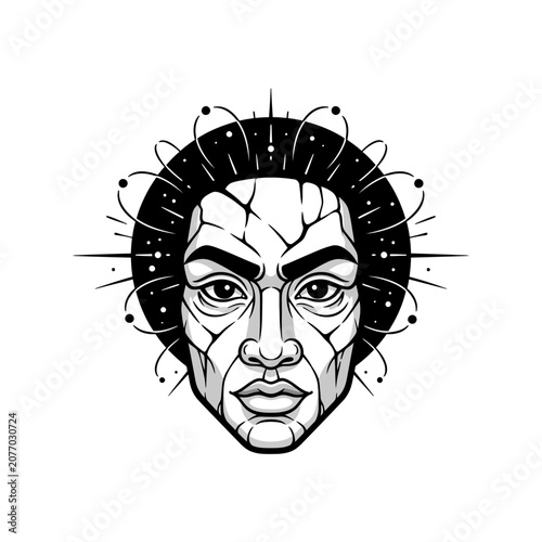 Mystical Man Face Portrait with Cosmic Aura and Geometric Elements