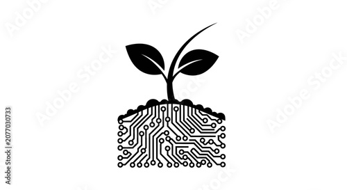 Plant Growing from Circuit Board Soil - Tech and Nature Concept
