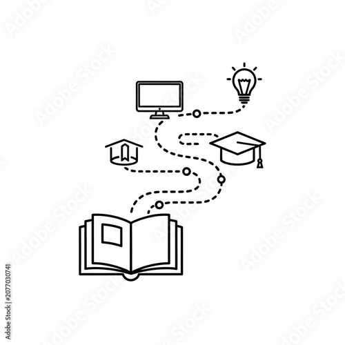 Online Education Concept: Book, Computer, Graduation Cap, Lightbulb & House Icons