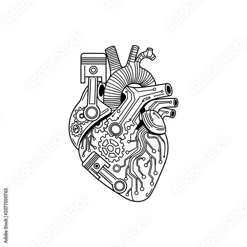 Steampunk Heart: Mechanical Organ with Gears, Circuits and Piston