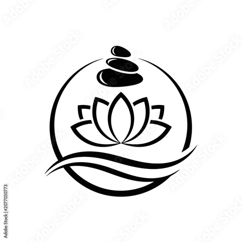 Zen lotus flower with stacked stones and water waves, balanced harmony symbol