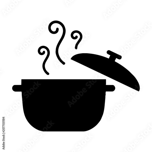 Minimalist icon of a cooking pot with steam swirls isolated on a white background, culinary and kitchen food preparation concept