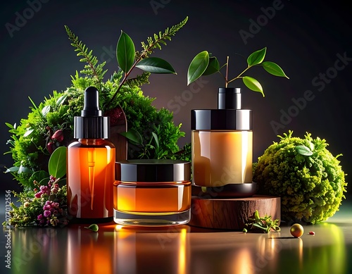 A serene arrangement of natural skincare products surrounded by lush greenery and plants on a reflective surface