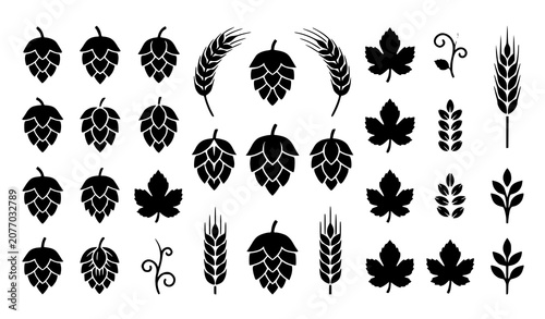 Photos Minimal Black Hop Cone and Wheat Ear Silhouette Vector Bundle on White