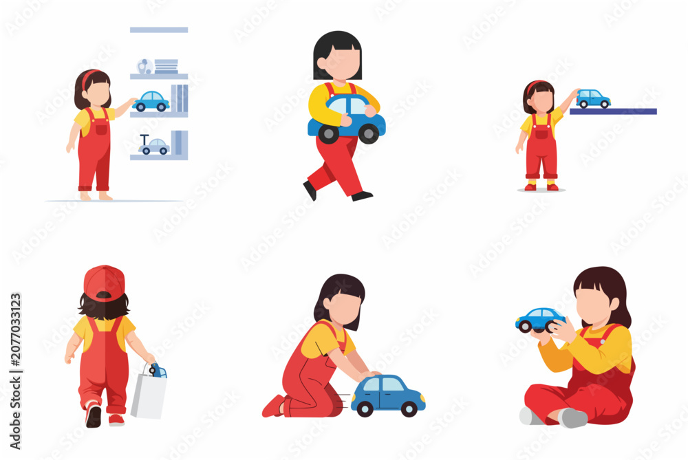 Fototapeta premium Flat vector illustration set of a little girl in red overalls playing with blue toy cars in various poses