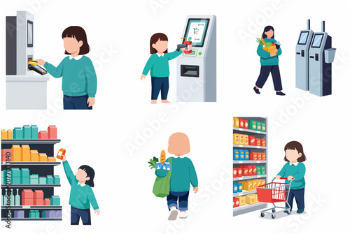 Little Girl Shopping at Supermarket Set of Flat Vector Illustrations with Self Checkout and Payment