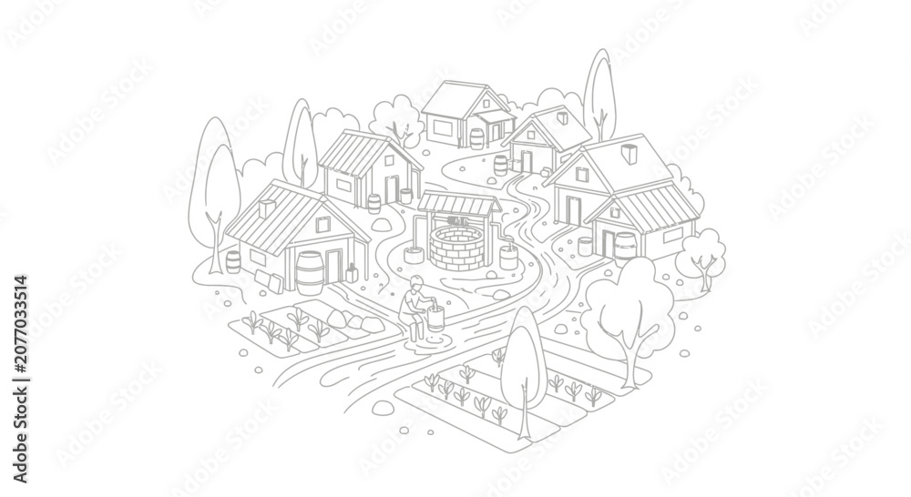 Fototapeta premium Charming Village Scene: Homes, Well, Gardens, and Farmer Illustration