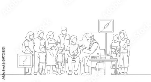 Obraz na plátně Doctor administering vaccine to child in wheelchair, queue of diverse people wai
