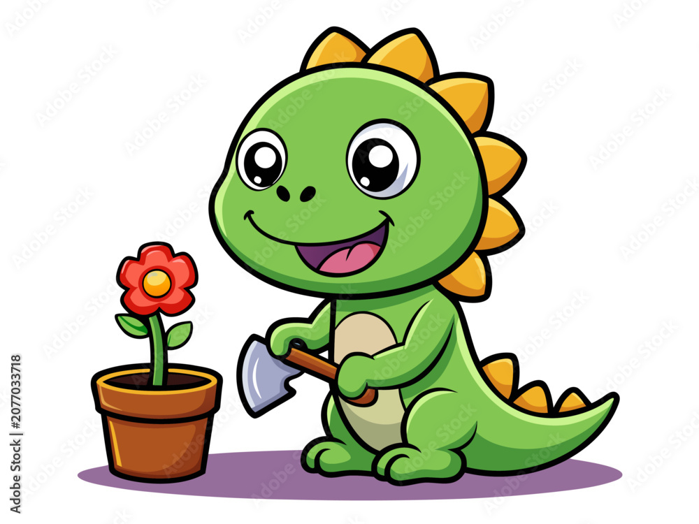 Fototapeta premium happy-baby-green-dinosaur-planting-a-tiny-flower-i.svg