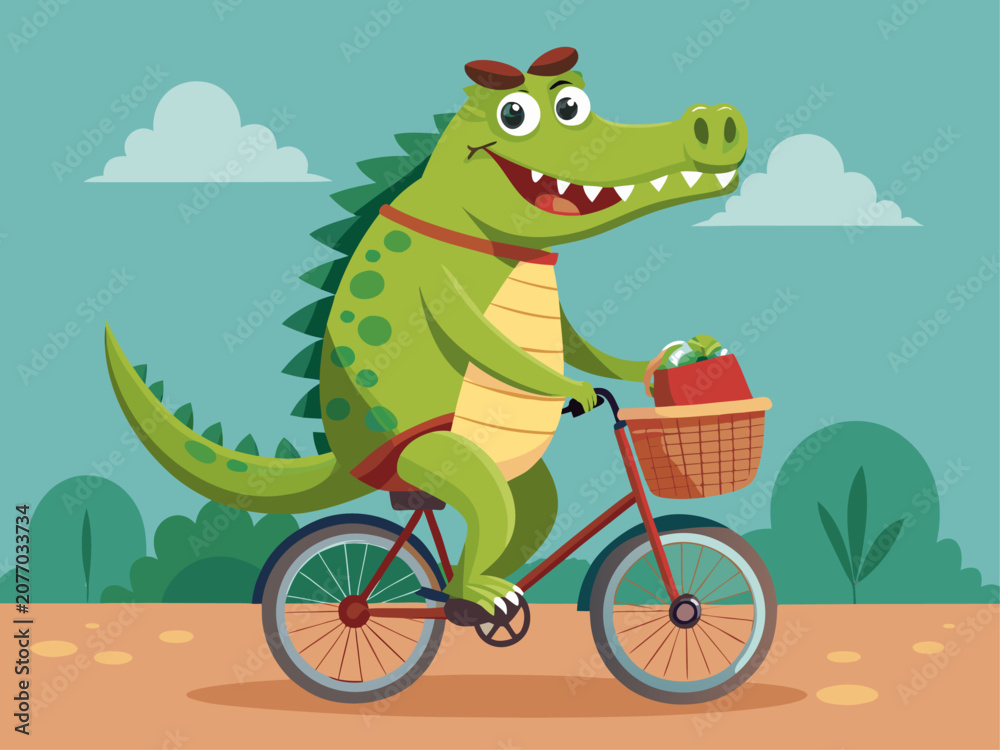 Fototapeta premium happy-crocodile-riding-a-tiny-bicycle-with-a-baske.svg