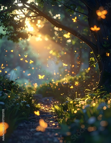 A serene forest scene with butterflies and sunlight