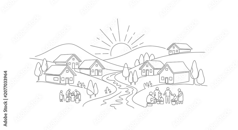 Naklejka premium Rural Village Landscape with River, Sun, and People Gathering