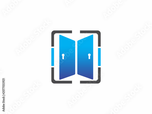 Abstract Blue Open Double Door Logo Icon with Modern Border Frame for Technology Portal and Real Estate